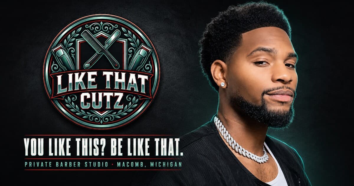 Like That Cutz homepage — mobile barber booking screen with service list and cut portfolio